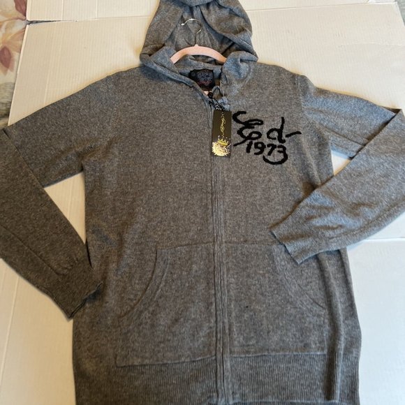 ED HARDY L Hooded Wool Blend Zip Knit Sweater Cardigan DEATH BEFORE DISH… - Picture 4 of 10